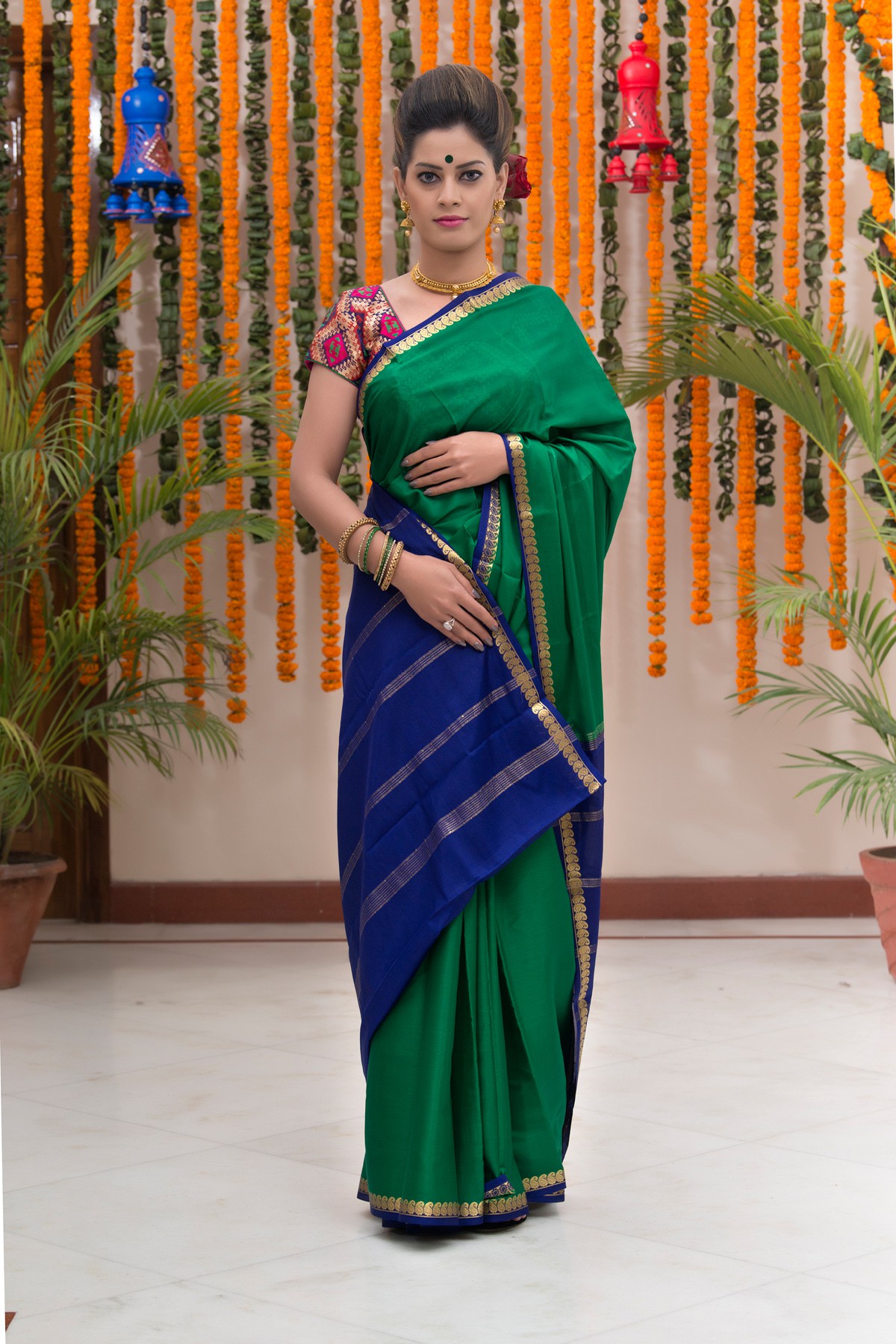Green with Royal Blue border saree