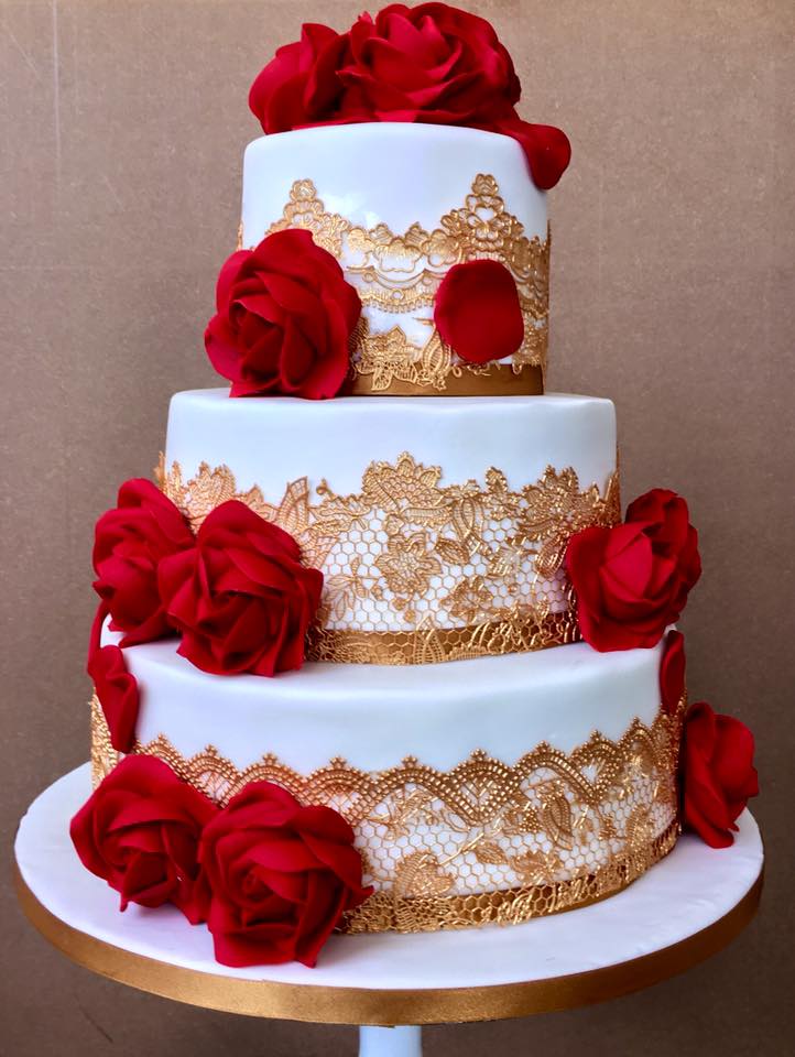 Three tier white with Red Rose Wedding Cake