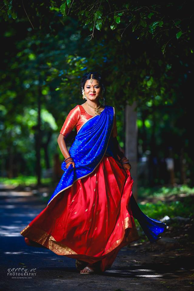 Traditional Blue halfsaree with red set