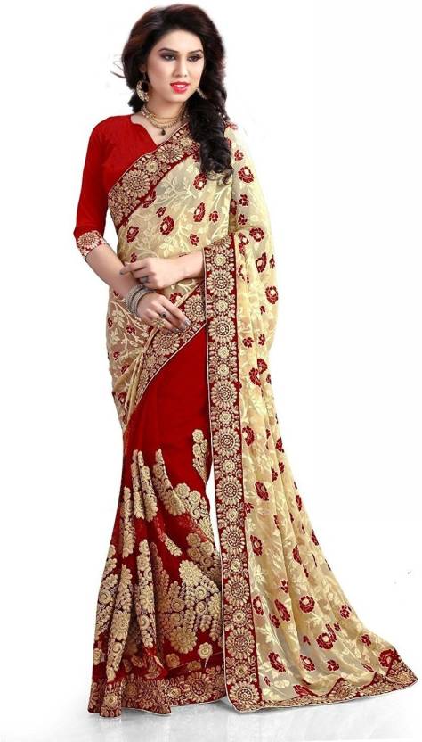  Embroidered Fashion Brasso Sari  (Beige, Red)